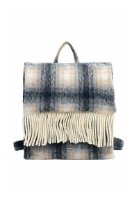 Texturiertes karierter Rucksack in Marineblau, Creme und Beige mit einem fransigen unteren Rand. Mit einem Handgriff an der Oberseite und verstellbaren Trägern.