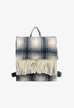 Struktuursed ruuduline seljakott tumesinises, kreemjas ja beezis värvitoonis, mille alumisel serval on pitsiline äär. Seljakotil on pealmine käepide ja reguleeritavad rihmad.