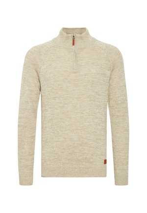 Beidzēs puszips džemperis ar teksturētu adījumu, raglānu piedurknēm un mazu oranžu logo birku kreisajā apakšējā malā.