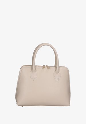 Borsa a mano in pelle beige con due manici arrotondati, chiusura con zip e dettagli a forma di foglia sui lati. Superficie testurizzata e accessori in oro.