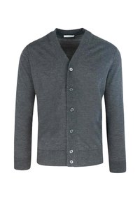 Cardigan grigio in morbido tessuto lavorato a maglia, con scollo a V, maniche lunghe e sei bottoni frontali, rifinito con bordatura a coste sul colletto e sull'orlo.