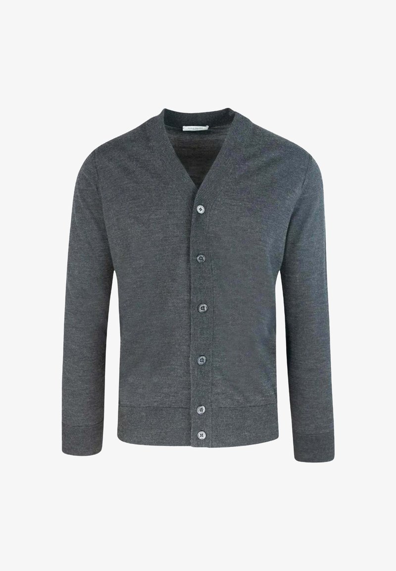 Cardigan grigio in morbido tessuto lavorato a maglia, con scollo a V, maniche lunghe e sei bottoni frontali, rifinito con bordatura a coste sul colletto e sull'orlo.