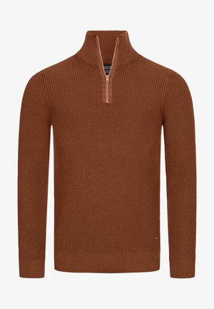 Bruine geribbelde trui met een halve ritskraag, voorzien van een gestructureerde stof en aangesloten mouwen. Eenvoudig ontwerp zonder patronen of extra accenten.
