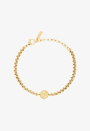 Armbanduhr in Goldton mit ineinandergreifenden Gliedern, die ein rundes Ankeremblem in der Mitte und einen Verschluss mit einem Markenetikett zeigt.