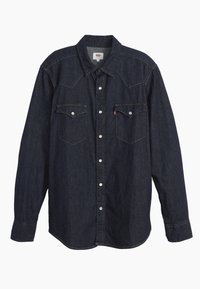 Cămașă din denim închis, cu mânecă lungă, guler ascuțit, două buzunare pe piept, nasturi albi și cusături galbene contrastante. Material neted și rezistent.