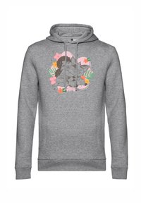 Felpa grigia con grafica frontale che raffigura una ragazza e un gatto circondati da fiori e foglie. Tessuto morbido con cappuccio regolabile.