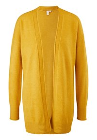 Cardigan jaune en maille douce, avec un devant ouvert, des manches longues, des poignets et un ourlet côtelés, et une coupe décontractée.