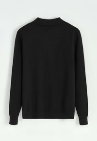 Pull noir à manches longues, avec un col côtelé et une texture lisse, présentant un design simple. La vue de dos ne montre aucun détail ou motif supplémentaire.