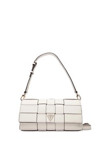 Borsa a tracolla bianca intrecciata con forma rettangolare, dotata di un logo triangolare dorato, tracolla regolabile e superficie texture.