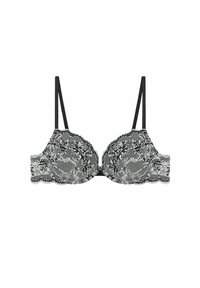 Mustapitsinen rintaliivi, jossa on halkiruudut, kukkakuviot ja kevyt toppaus. Varustettu säädettävillä mustilla olkaimilla ja koukkukiinnityksellä.