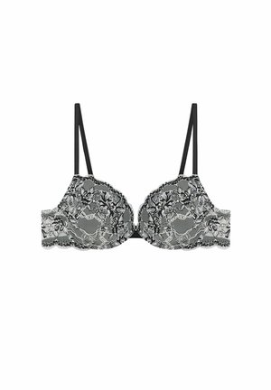 Sutien din dantelă neagră cu margini zimțate, modele florale și umplutură ușoară. Dispune de bretele negre ajustabile și închidere cu cârlig.