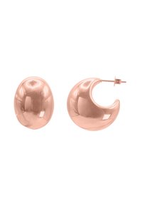 Orecchini in oro rosa metallico caratterizzati da un perno ovale liscio e un design ad anello a forma di mezzaluna. Finitura ad alta lucentezza senza abbellimenti visibili.