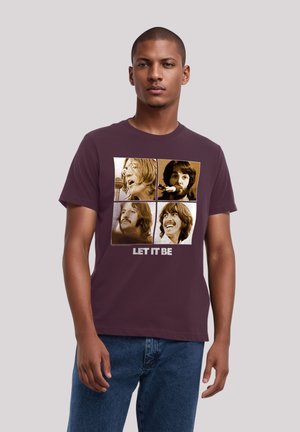 Maroon cotton t-shirt featuring a graphic with four vintage-style photographs and the text "LET IT BE" in bold white letters at the bottom.