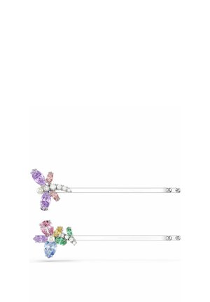 Zwei silberne Haarnadeln mit bunten Edelsteinblumen und kleinen Perlen auf weißem Hintergrund.