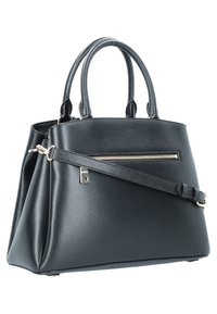 Czarna skórzana torebka na podwójnych uchwytach, z regulowanym paskiem na ramię i poziomą kieszenią na zamek z przodu.