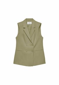 Blazer sans manches vert olive avec un devant croisé, des revers crantés et des poches latérales dans un tissu lisse et structuré.
