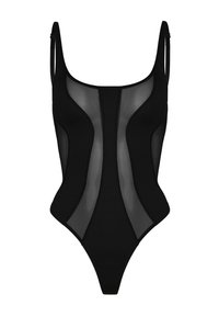 Svart baddräkt i ett stycke med genomskinliga paneler, rundad halsringning, justerbara axelremmar och högskuren design. Slät textur med en åtsittande form.