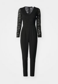 Jumpsuit noir avec décolleté en V, manches longues en dentelle et jambes fuselées ajustées avec une taille plissée. Fermeture éclair au dos.