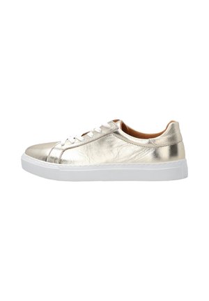 Low-top metallic gold leather sneaker with white laces and thick white rubber sole, viewed from the outer side.