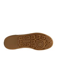 Gummisohle der Sneaker in Braun. Verfügt über strukturierte Muster, kreisförmige Designs und ein auffälliges zentrales Logo. Glatter Zehenbereich.
