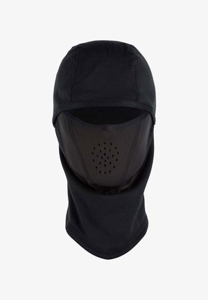 Czarna kominiarka o dopasowanym kroju, wykonana z gładkiego materiału. Posiada siateczkowy panel z perforacjami dla lepszej wentylacji wokół ust.