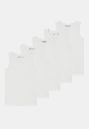 Fünf Stück Packung aus weißen Baumwoll-Tanktops mit runden Ausschnitten und breiten Schulterträgern, ausgestattet mit einem Etikett mit dem "FRIBOO"-Logo innen.