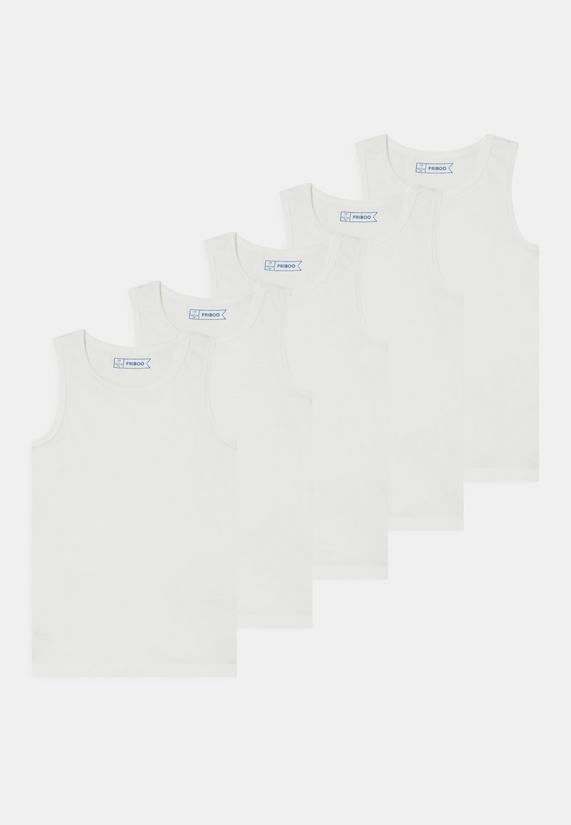 Paquete de cinco camisetas sin mangas de algodón blanco con cuellos redondeados y tirantes anchos, con etiqueta con el logo "FRIBOO" en el interior.
