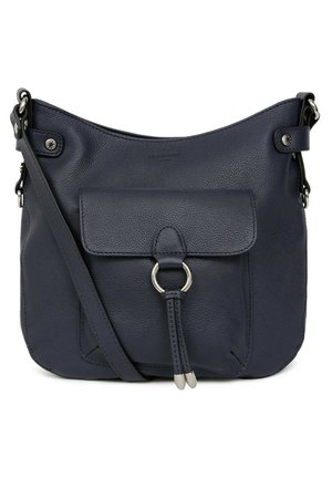 Navy leather shoulder bag with a front pocket, silver hardware, and a circular ring detail. Smooth texture with adjustable strap.