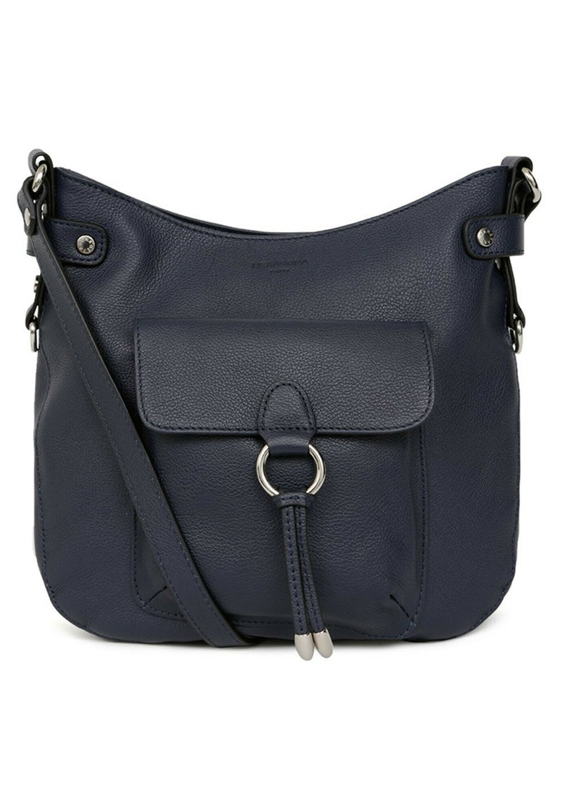 Borsa a tracolla in pelle blu navy con tasca frontale, dettagli in metallo argentato e elemento circolare. Texture liscia con tracolla regolabile.