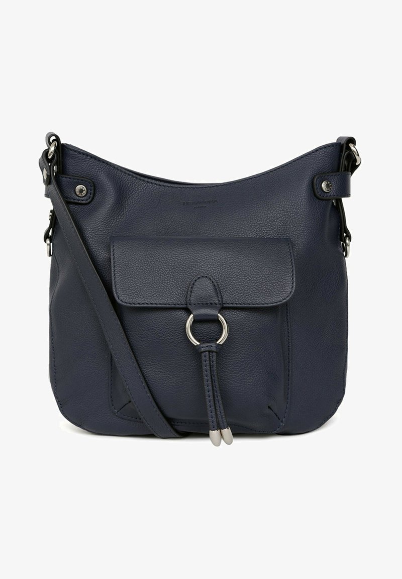 Borsa a tracolla in pelle blu navy con tasca frontale, dettagli in metallo argentato e elemento circolare. Texture liscia con tracolla regolabile.