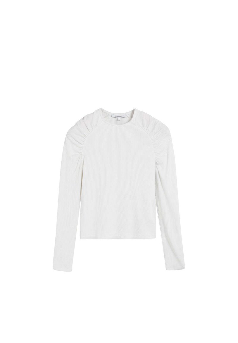 Top blanco de manga larga con textura acanalada, escote redondeado y detalles fruncidos en los hombros, que presenta una silueta ajustada.