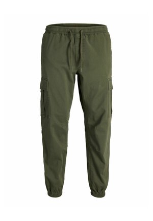 Pantaloni cargo verde oliva con elastico in vita, coulisse, tasche laterali con patta e polsini elastici.