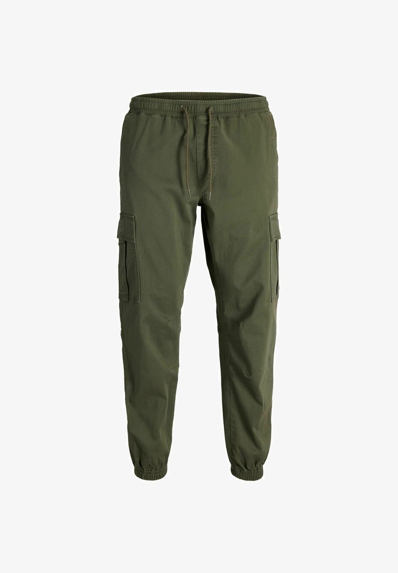 Pantalon cargo vert olive avec taille élastique, cordon, poches latérales à rabat et poignets élastiques.
