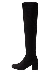 Bottes noires en daim montant jusqu'au genou, avec un bout carré et un talon carré épais. Texture lisse et coupe ajustée sans éléments métalliques visibles ni ornements.