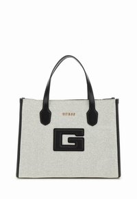Valge tekstuuriga riidest kandekott mustade nahkdetailidega, mille esiküljel on silmatorkav must logo 'G' ning kaks musta sangadega käepidet.