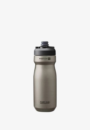 Titanium-colored Camelbak Podium Ti reusable water bottle with black push-pull cap and insulated stainless steel body.