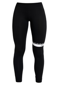 Svarta högmidjade träningsleggings med ett vitt horisontellt rand och liten text "ONLY" på höger lår.