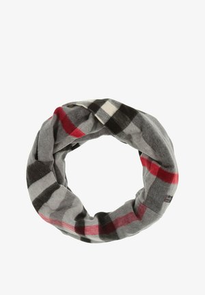 Pilkas langeliais šaliklis, pagamintas iš minkštos medžiagos, su raudonais ir juodais raštais, su maža logotipo etikete vienoje pusėje.