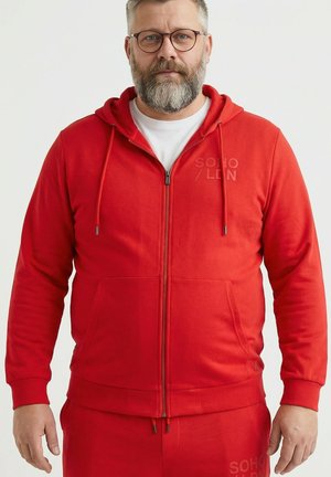 Mittelalter Mann mit Brille und Bart, der einen roten Kapuzenpullover mit Reißverschluss und passende rote Hosen vor weißem Hintergrund trägt.