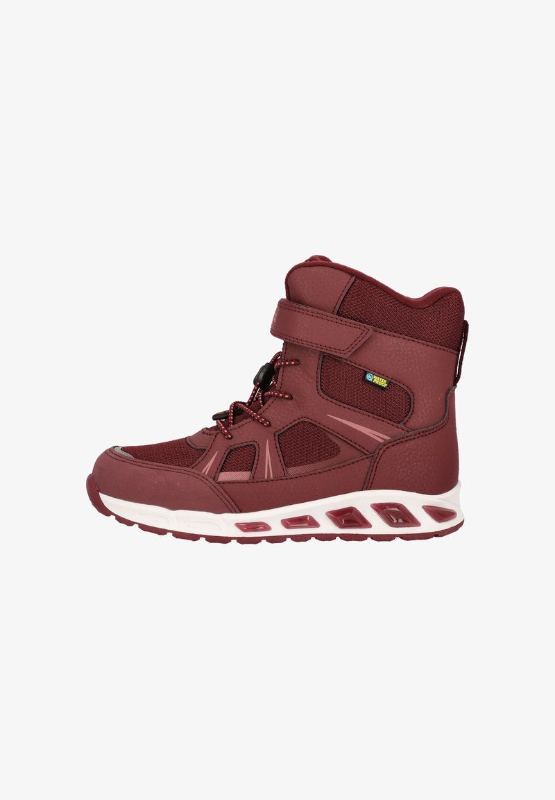 Rød og grå højhælet sportssko med mesh- og syntetiske materialer, der har en velcro-rem, snørebånd og polstret krave.