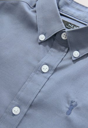 Camicia da uomo azzurro chiaro con colletto, realizzata in cotone, con bottoni bianchi e una sottile ricamatura di aragosta sul lato sinistro.
