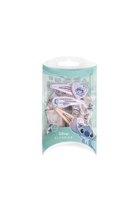 Set di accessori per capelli composto da cinque pezzi, comprendente clip rosa e viola con design del cartone animato Stitch e un scrunchie di satin stampato in tonalità neutre.