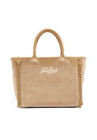 Sac fourre-tout en daim beige avec des franges, deux anses et un logo brodé "Saint Barth". Texture lisse, spacieux et de forme rectangulaire.