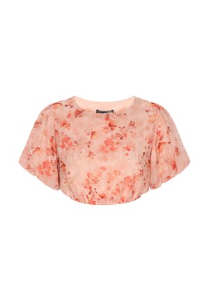 Kortærmet, cropped bluse i blød lyserød med blomsterprint, der har en rund halsudskæring og et sammensnørret liv for en afslappet pasform.