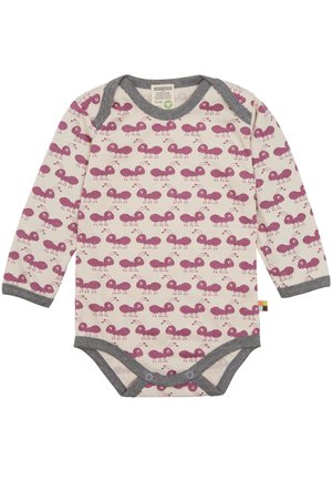 Lange mouw bodysuit in crème katoen met een herhaald paarse mierenprint. Grijze accenten bij de kraag en beenopeningen, met drukknopen.