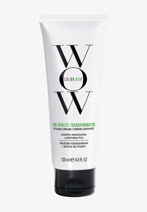 Witte tube van Color Wow One-Minute Transformation stylingcrème, 120 ml, zwarte dop, tekst benadrukt het elimineren van kroezen en directe hydratatie.