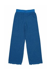 Blå vida byxor med en texturerad tygkvalitet. Har en elastisk midja och en scallopad fåll. Tillverkade av mjukt, stretchbart material.