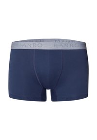 Mörkblå boxerkalsonger tillverkade av mjukt tyg, med en grå elastisk midjeband med 'HANRO'-logotyp och kontrastsömmar.