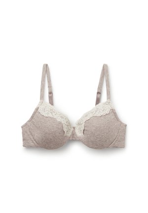 Grå vadderad bh med spetsdetalj upptill, justerbara band och en slät textur. Har en klassisk underwire-design.