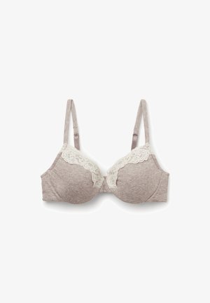 Grauer gepolsterter BH mit Spitzeneinsatz oben, verstellbaren Trägern und einem glatten Textilmaterial. Verfügt über ein klassisches Unterdrahtdesign.